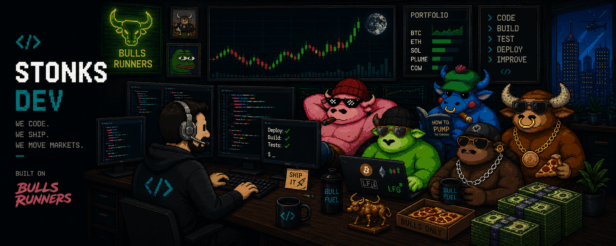 Stonks Dev. We code, we ship, we move markets. Built on Bulls Runners. A pixel art trading desk with the bulls behind the developer